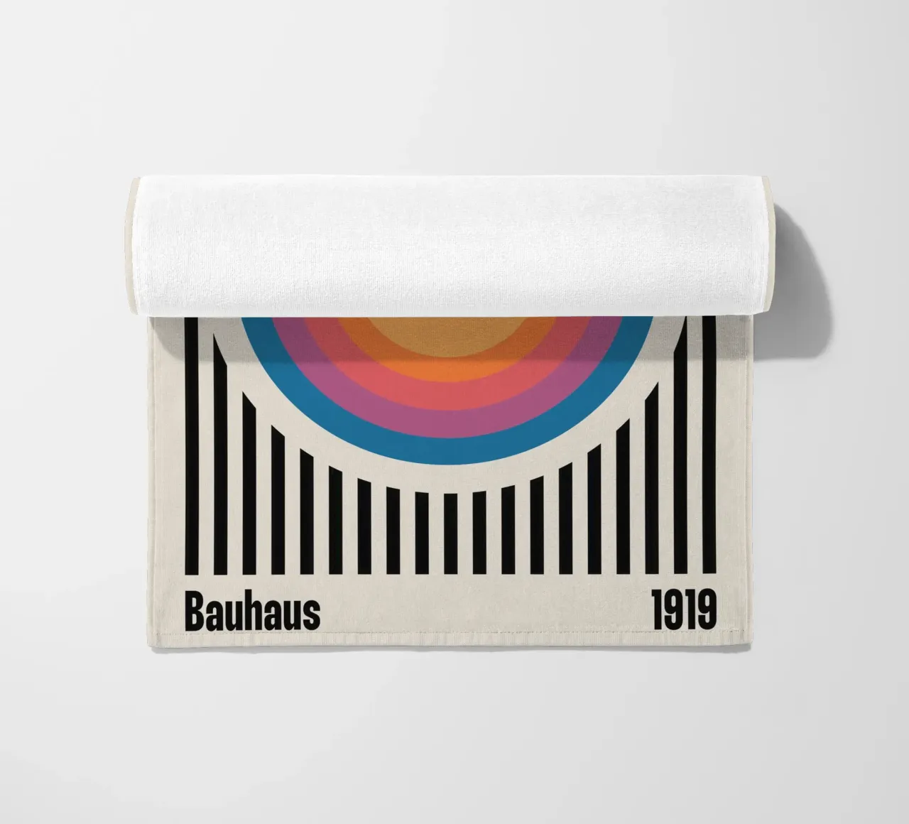 Bauhaus 1919 Stripes & Colored Circles Pattern beach towel by Paigaam Studio