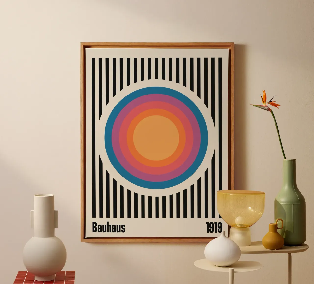 Bauhaus 1919 Stripes & Colored Circles Pattern canvas with Floater frame by Paigaam Studio