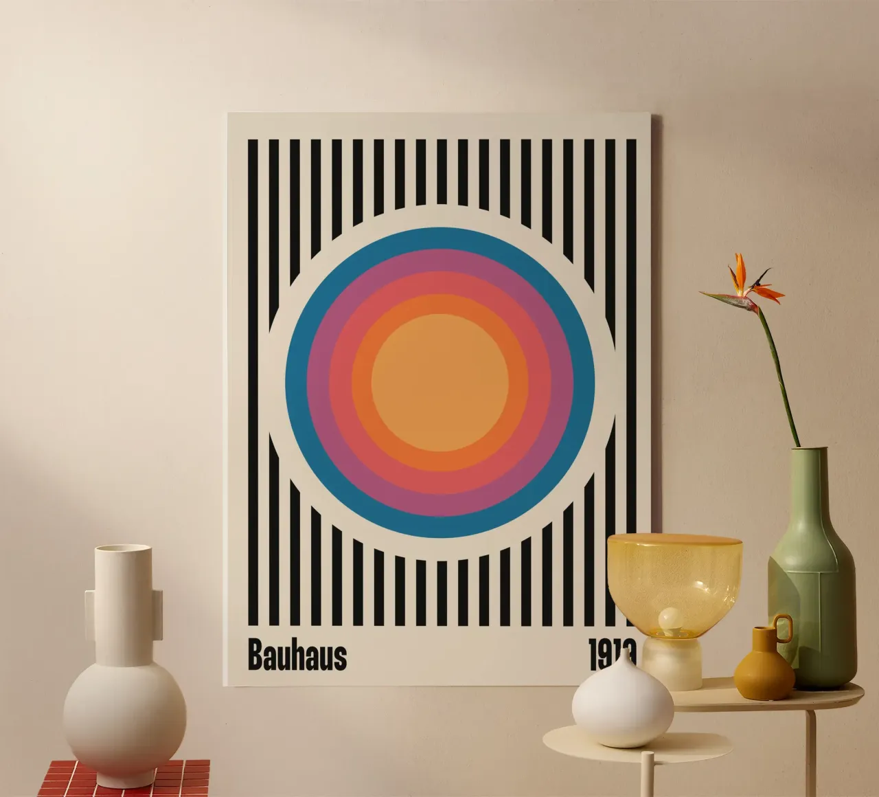 Bauhaus 1919 Stripes & Colored Circles Pattern canvas with Floater frame by Paigaam Studio