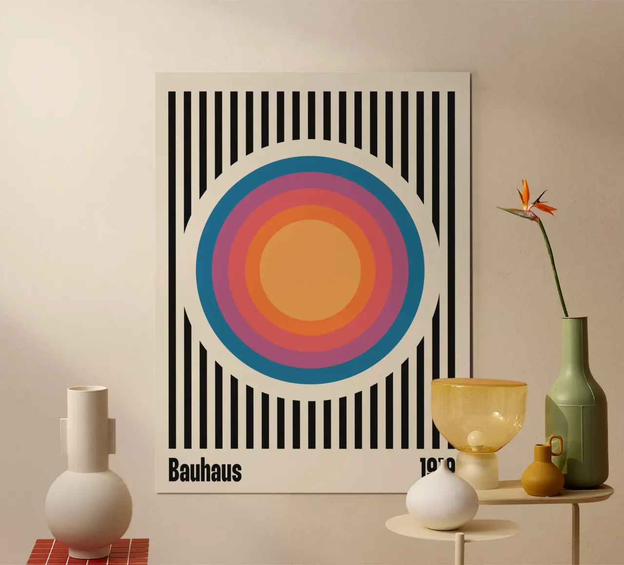Motif de rayures et de cercles colorés Bauhaus 1919 poster avec cadre en plastique de Paigaam Studio