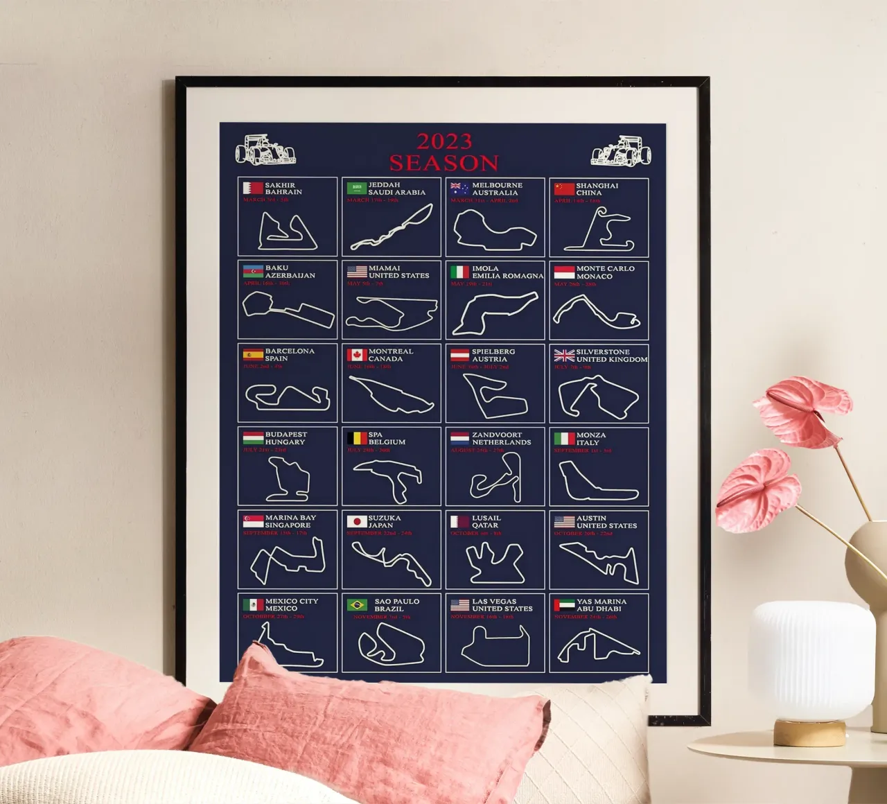 2023 Circuito di formula 1 poster con telaio in alluminio da hanna shop