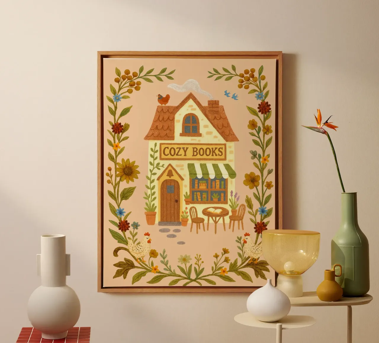 Illustrazione della libreria Cozy tela con Cornice a cassetta da Taika Tori Art