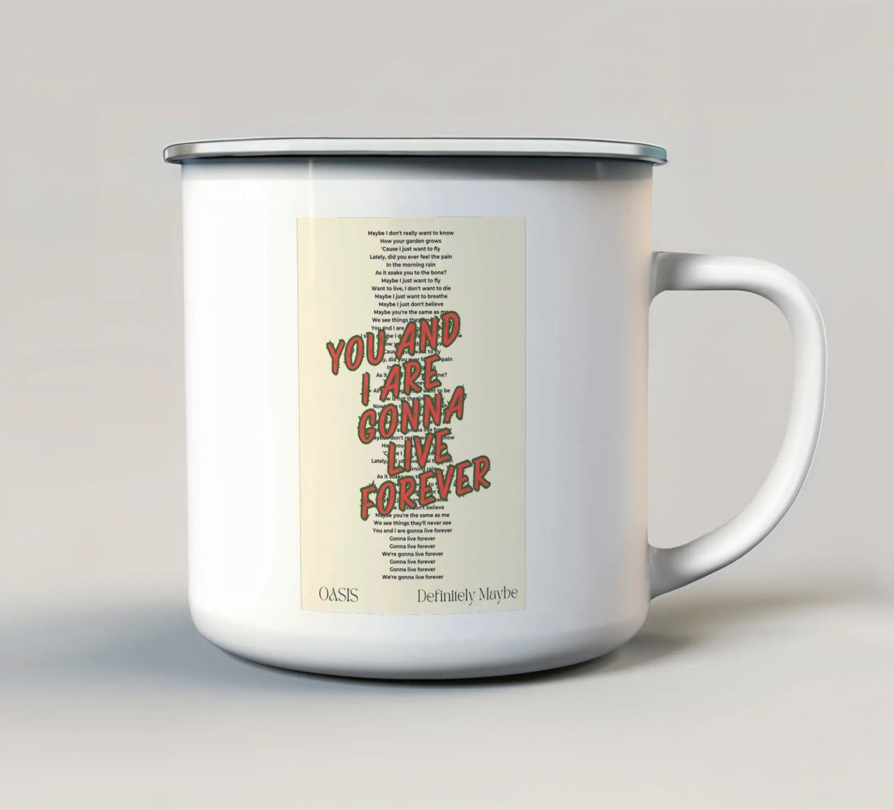 Oasis - Live Forever typography design tazza in smalto da Proper job studio