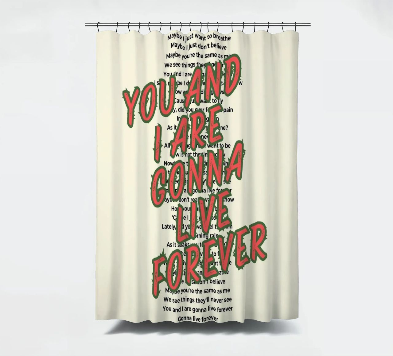 Oasis - Live Forever typography design tenda da doccia da Proper job studio