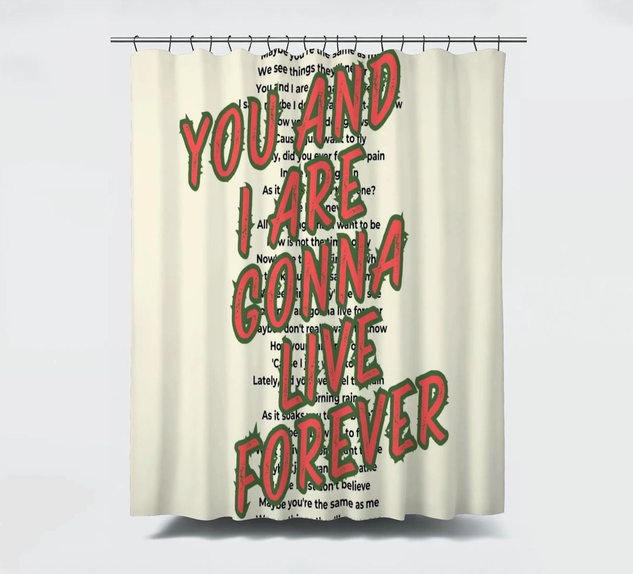 Oasis - Live Forever typography design tenda da doccia da Proper job studio