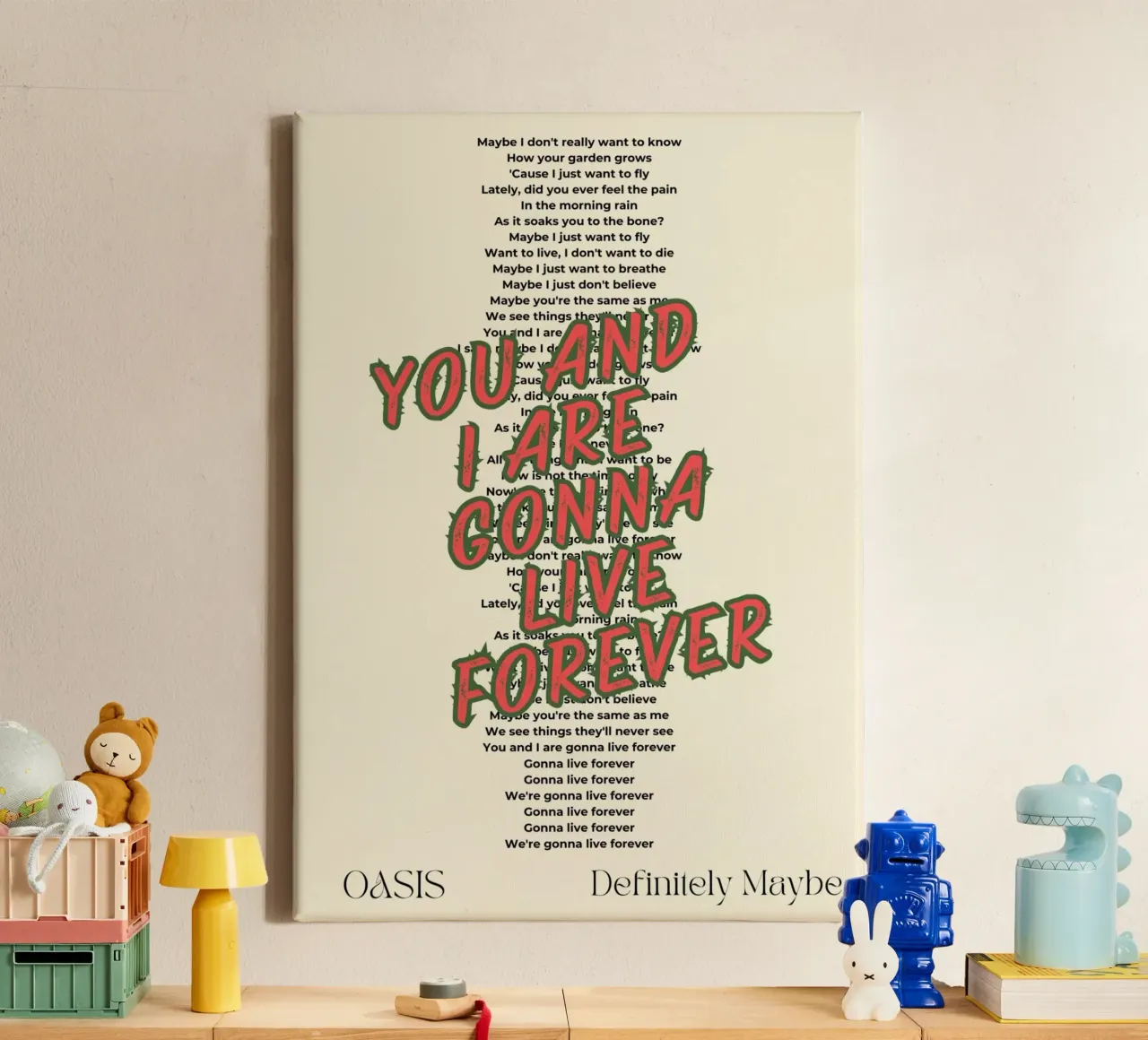 Oasis - Live Forever typography design tela con Cornice a cassetta da Proper job studio