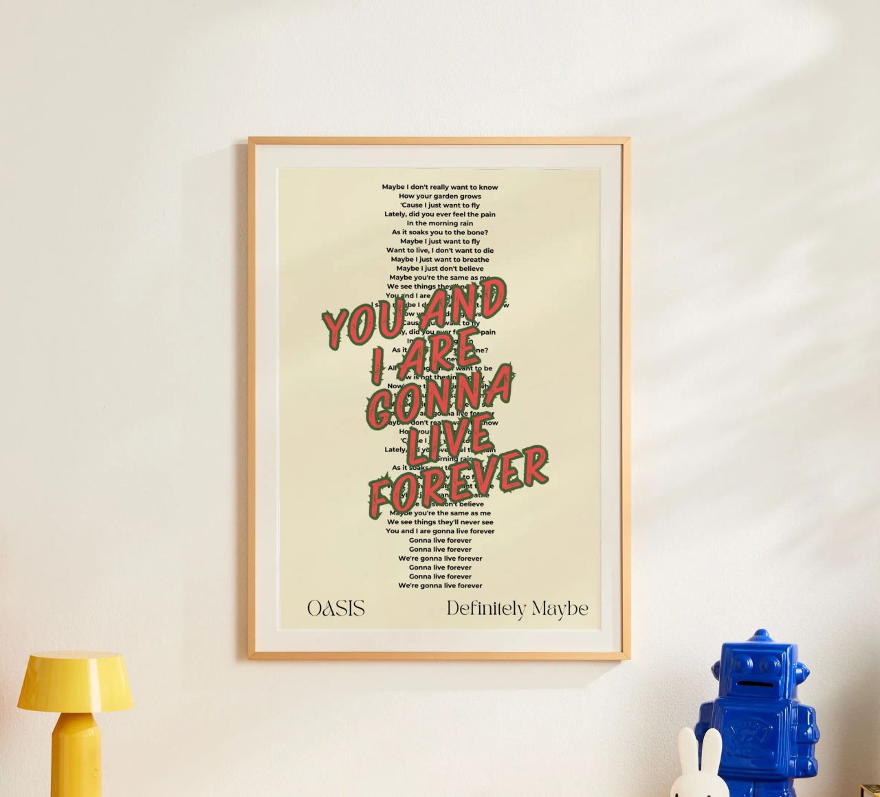 Oasis - Live Forever typography design poster con telaio in plastica da Proper job studio