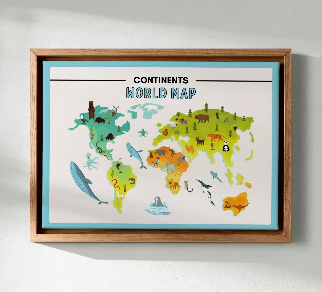 Continenten Wereldkaart Poster - Dieren & Aardrijkskunde canvas met Baklijst van vintagepod