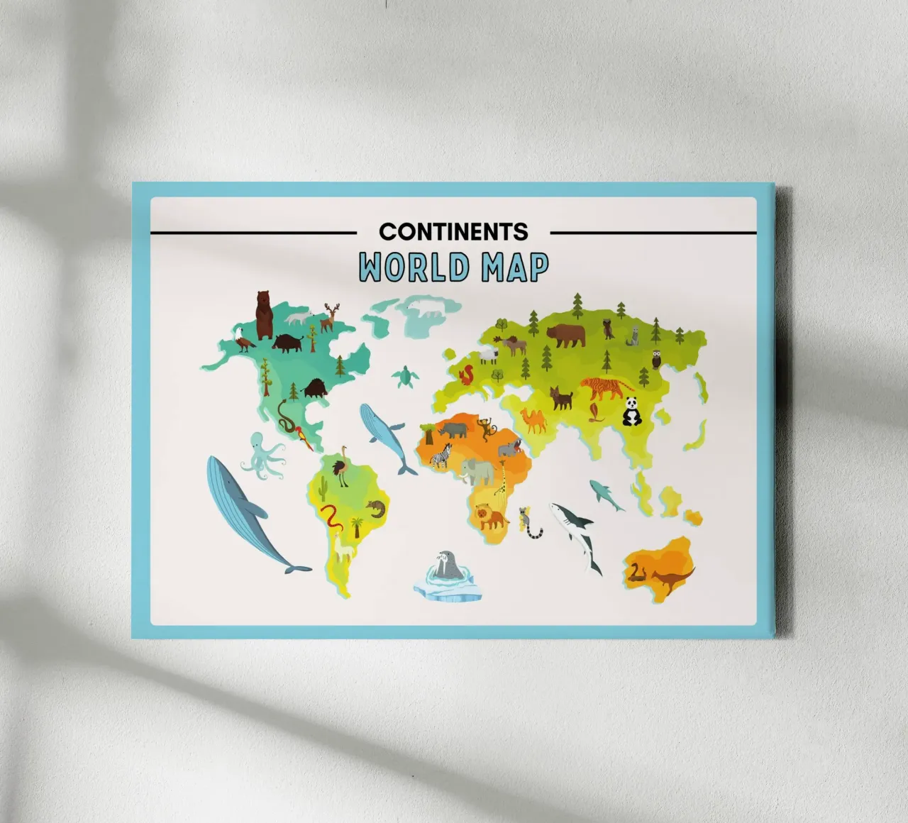 Continenten Wereldkaart Poster - Dieren & Aardrijkskunde canvas met Baklijst van vintagepod