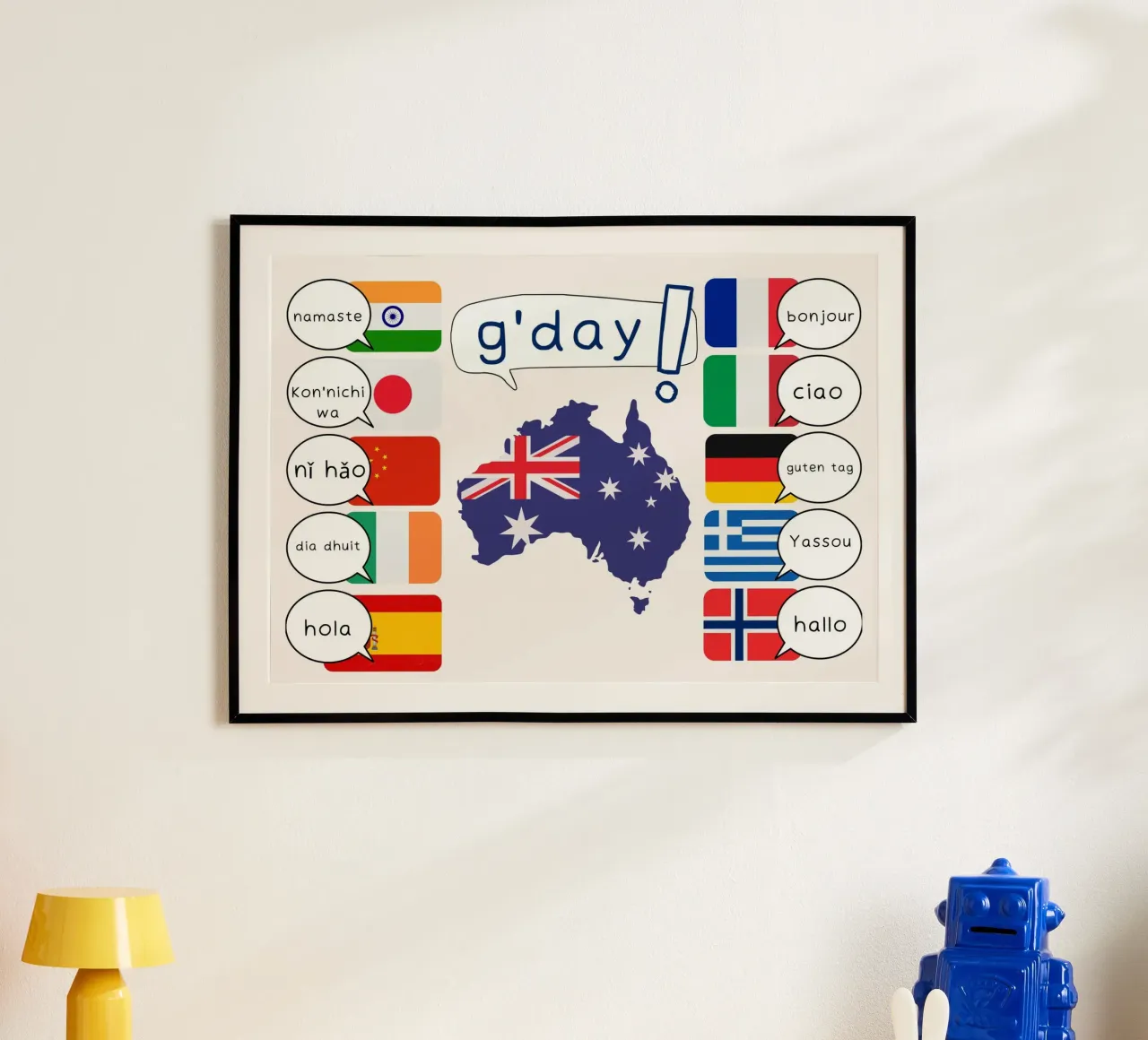 Affiche éducative "Greetings of the World" - World Flags Art poster avec cadre en bois de vintagepod