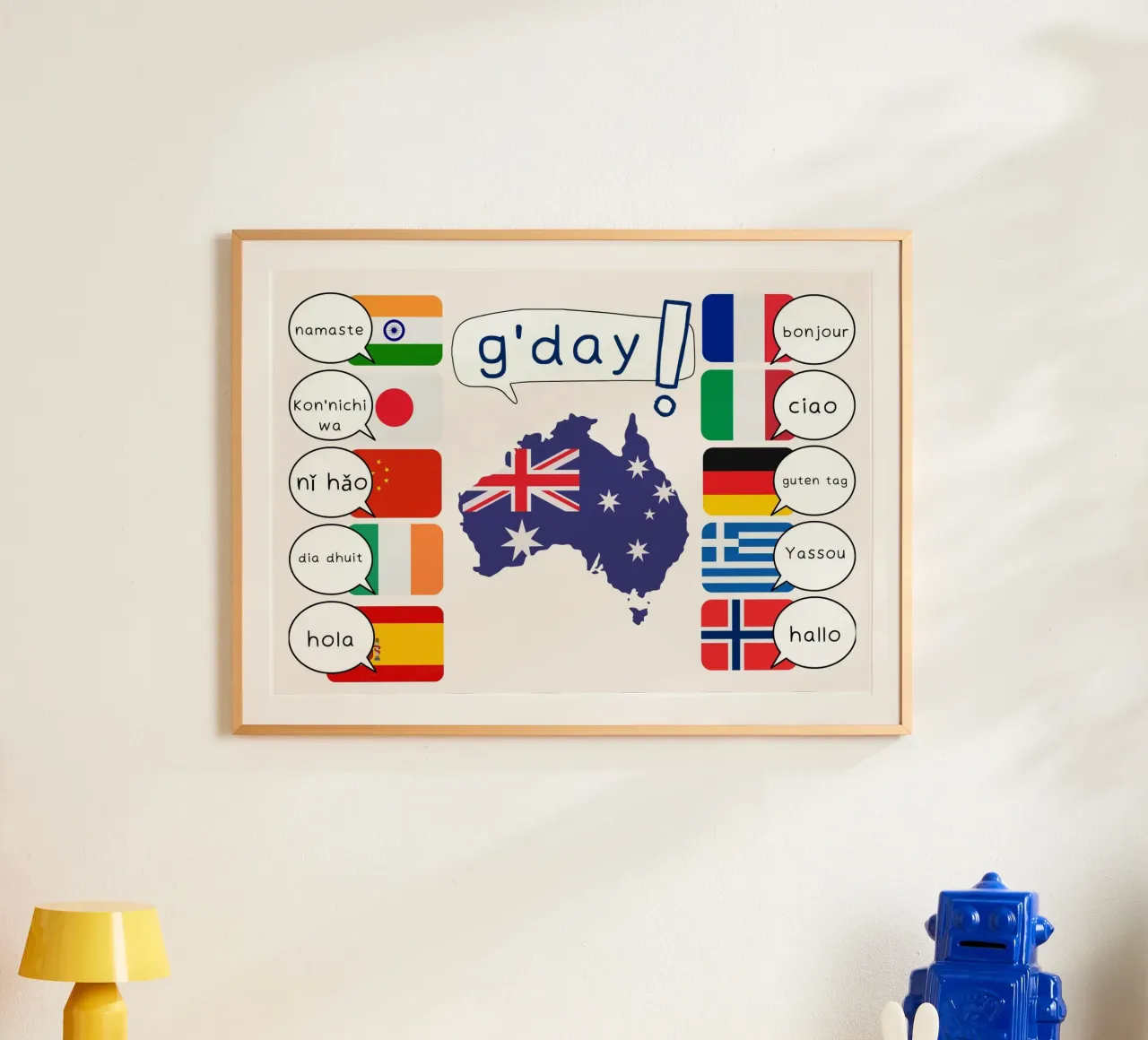 Affiche éducative "Greetings of the World" - World Flags Art poster avec cadre en bois de vintagepod