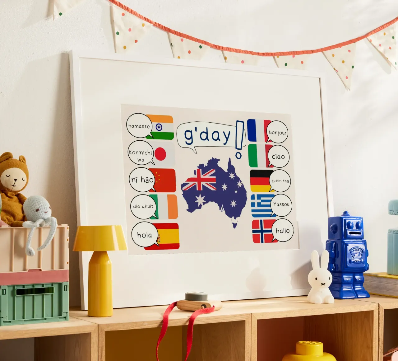 Affiche éducative "Greetings of the World" - World Flags Art poster avec cadre en bois de vintagepod