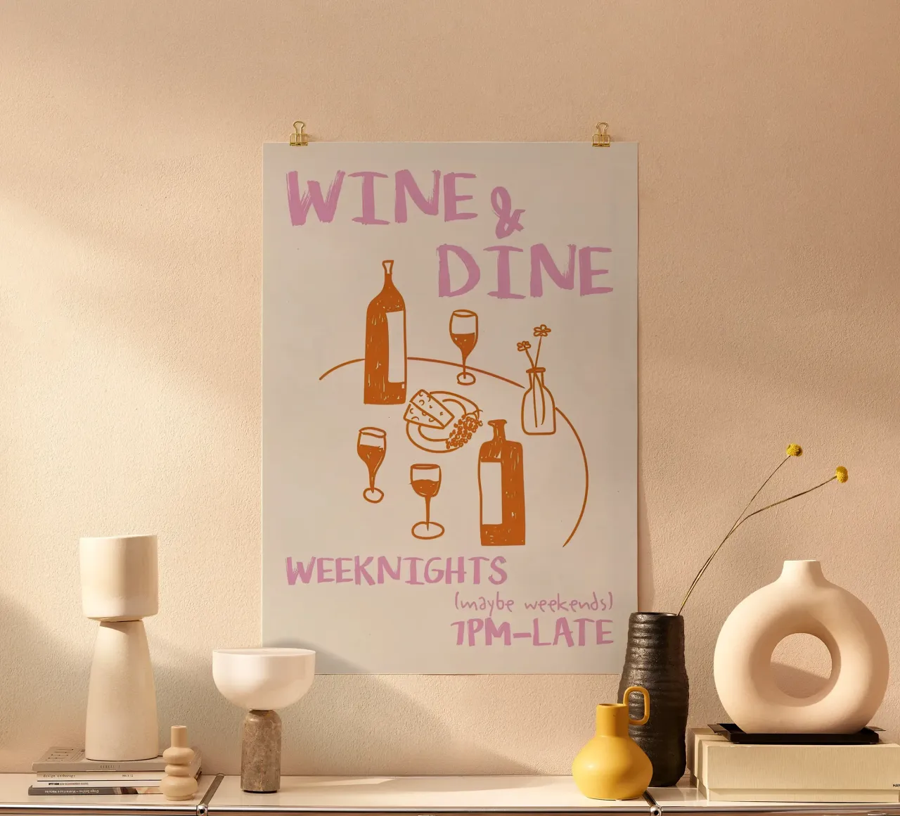 Vino e cena poster con telaio in legno da hanna shop