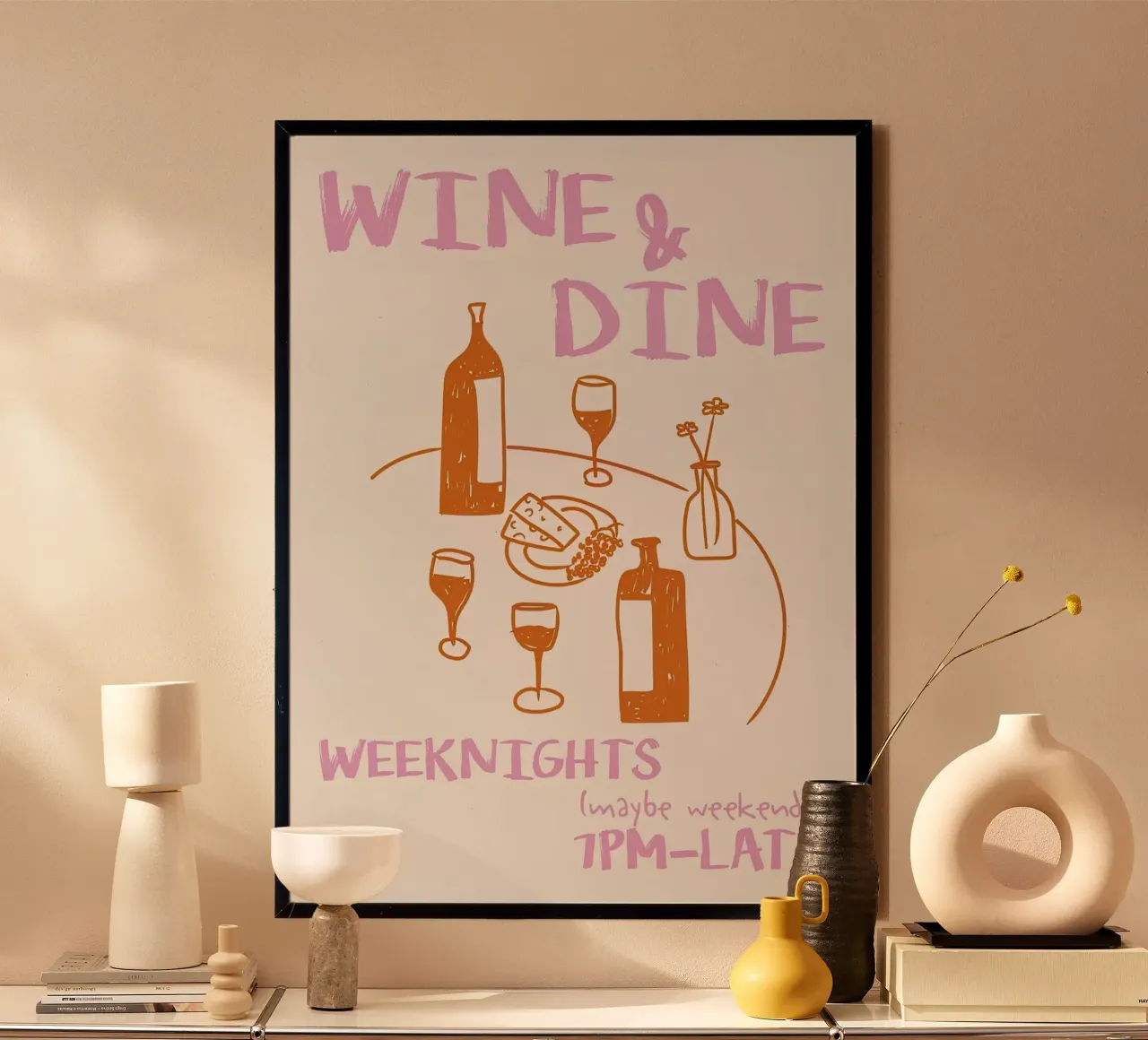 Vino e cena poster con telaio in legno da hanna shop