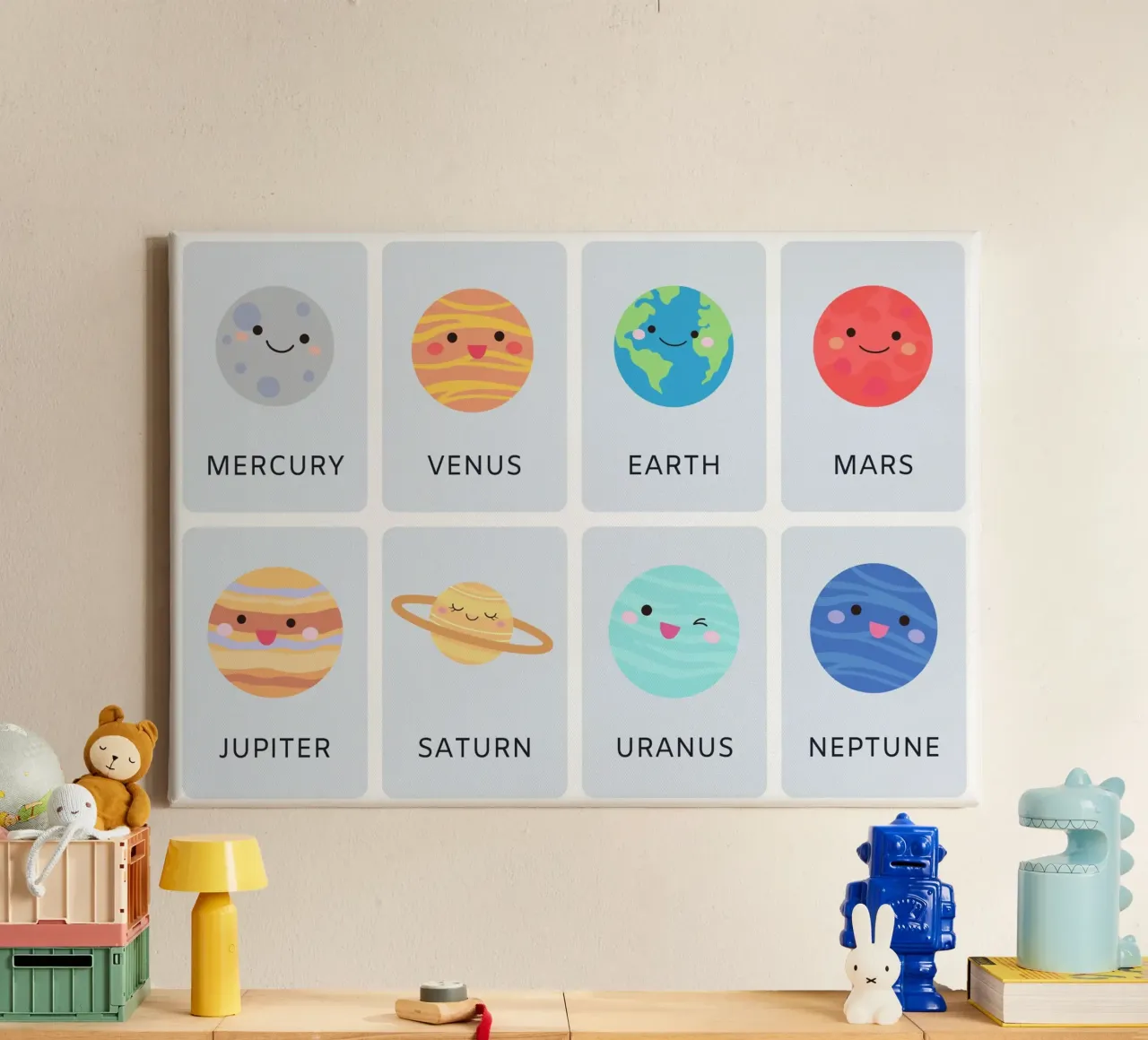 Mignonnes planètes du système solaire Affiche pour enfants toile avec Caisse américaine de vintagepod
