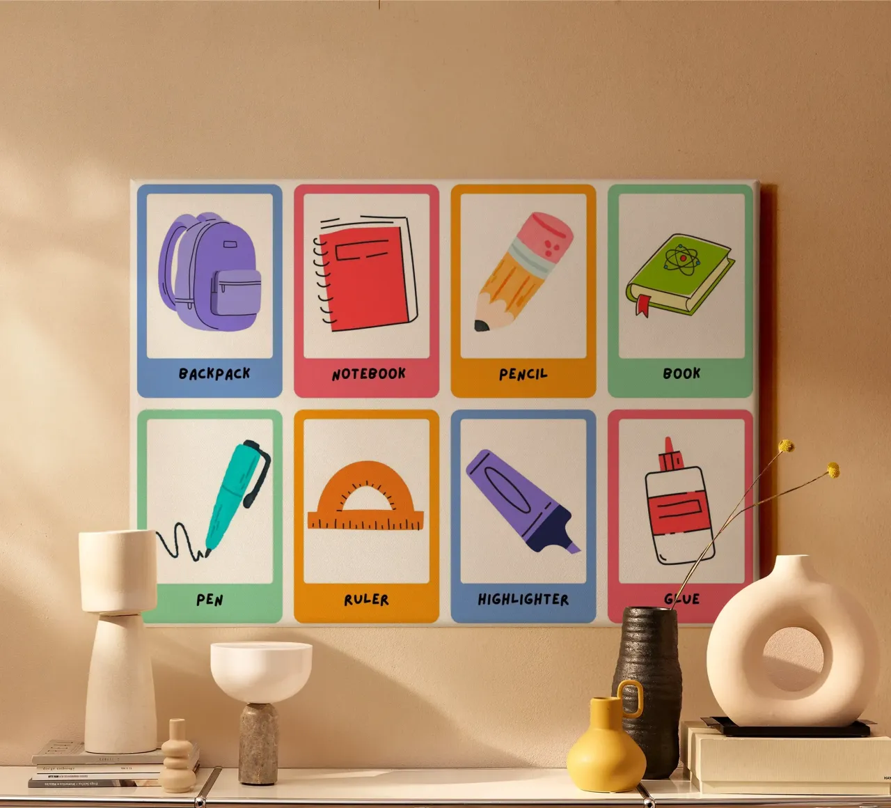 Schulsachen Educational Poster - Zurück zur Schule Kunst Leinwand mit Schattenfugenrahmen von vintagepod