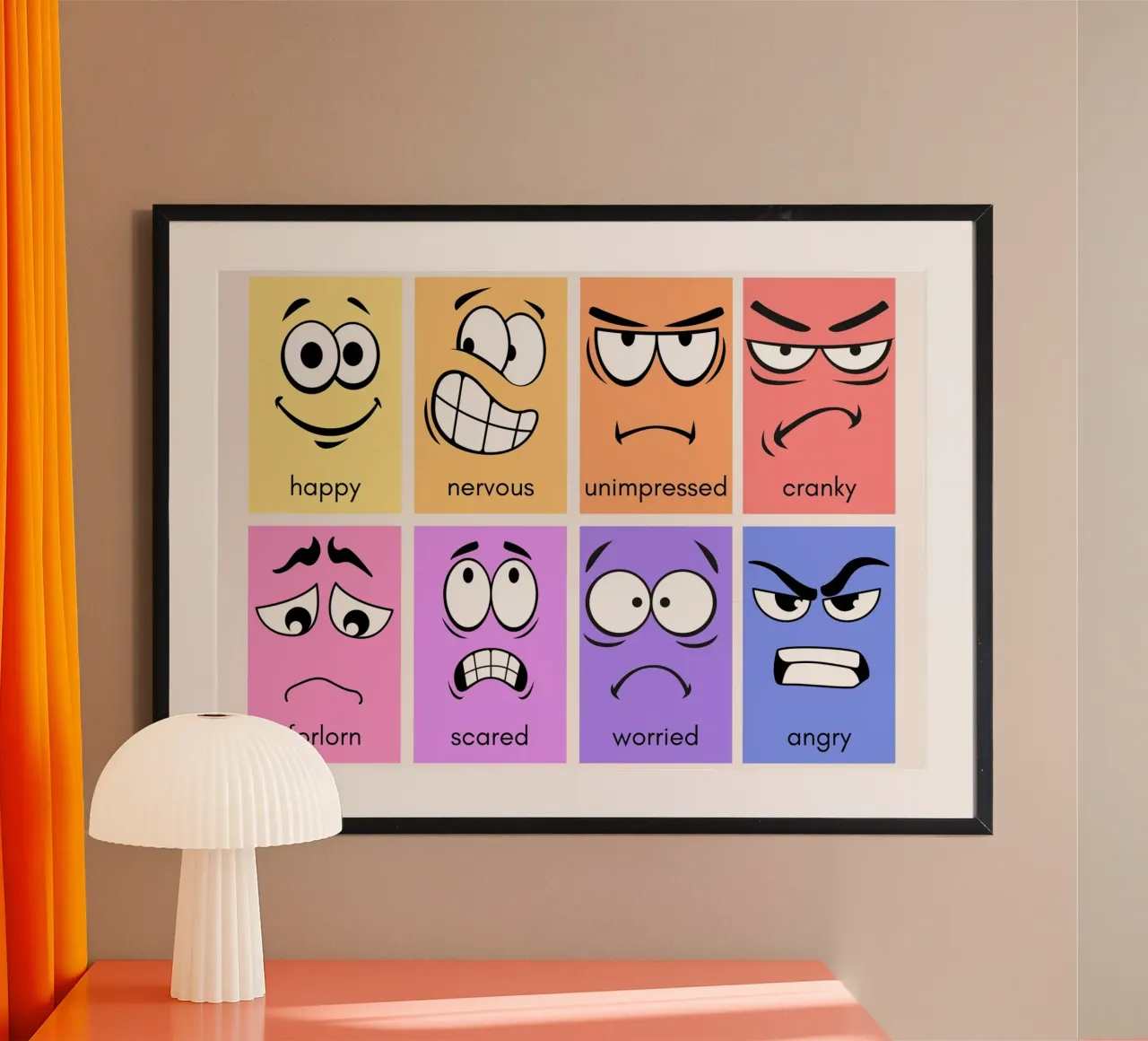 Poster con i volti delle emozioni - Grafico dei sentimenti per bambini poster con telaio in plastica da vintagepod