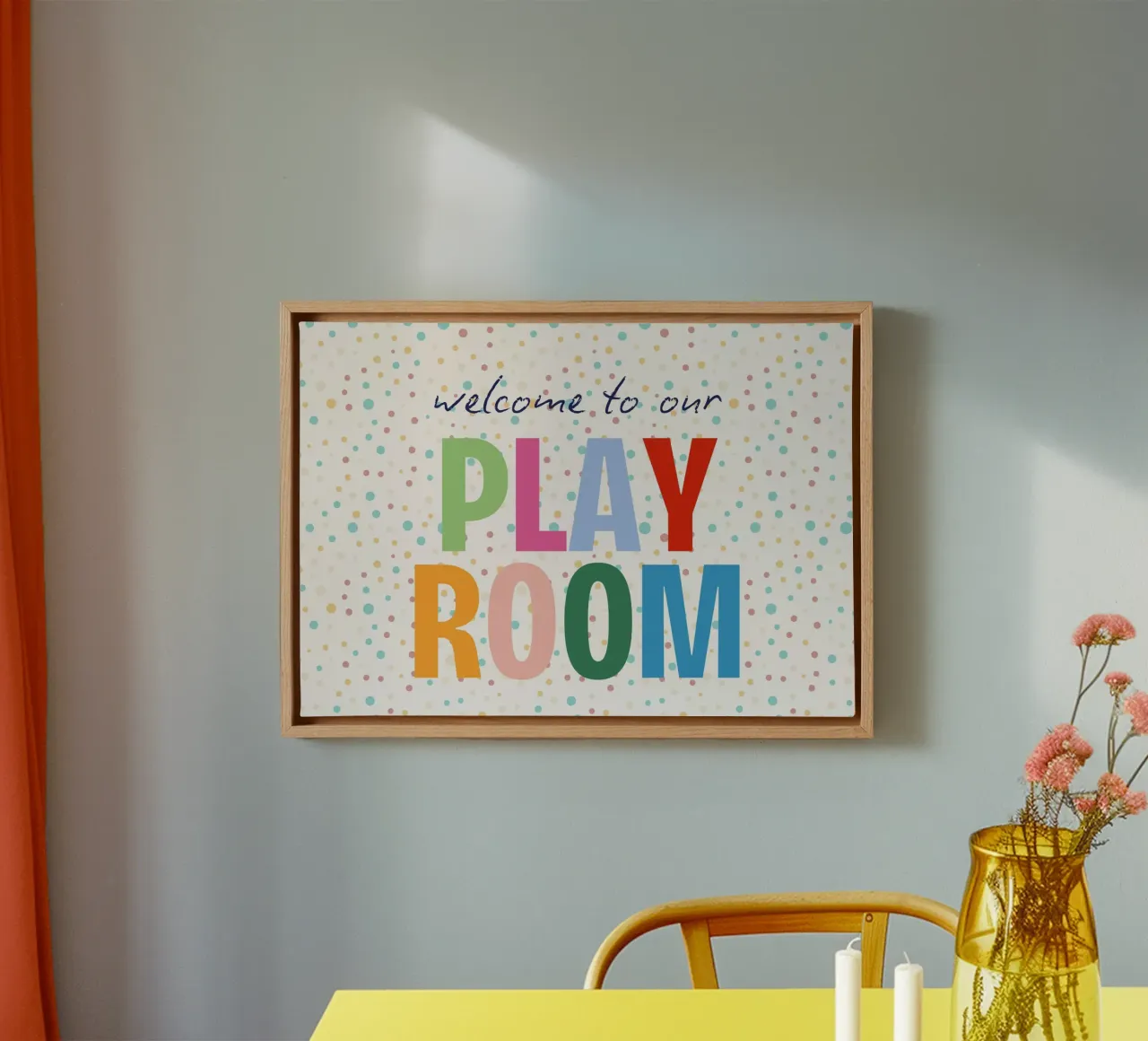 Poster "Benvenuti nella nostra stanza dei giochi" - Arte per la cameretta dei bambini tela con Cornice a cassetta da vintagepod