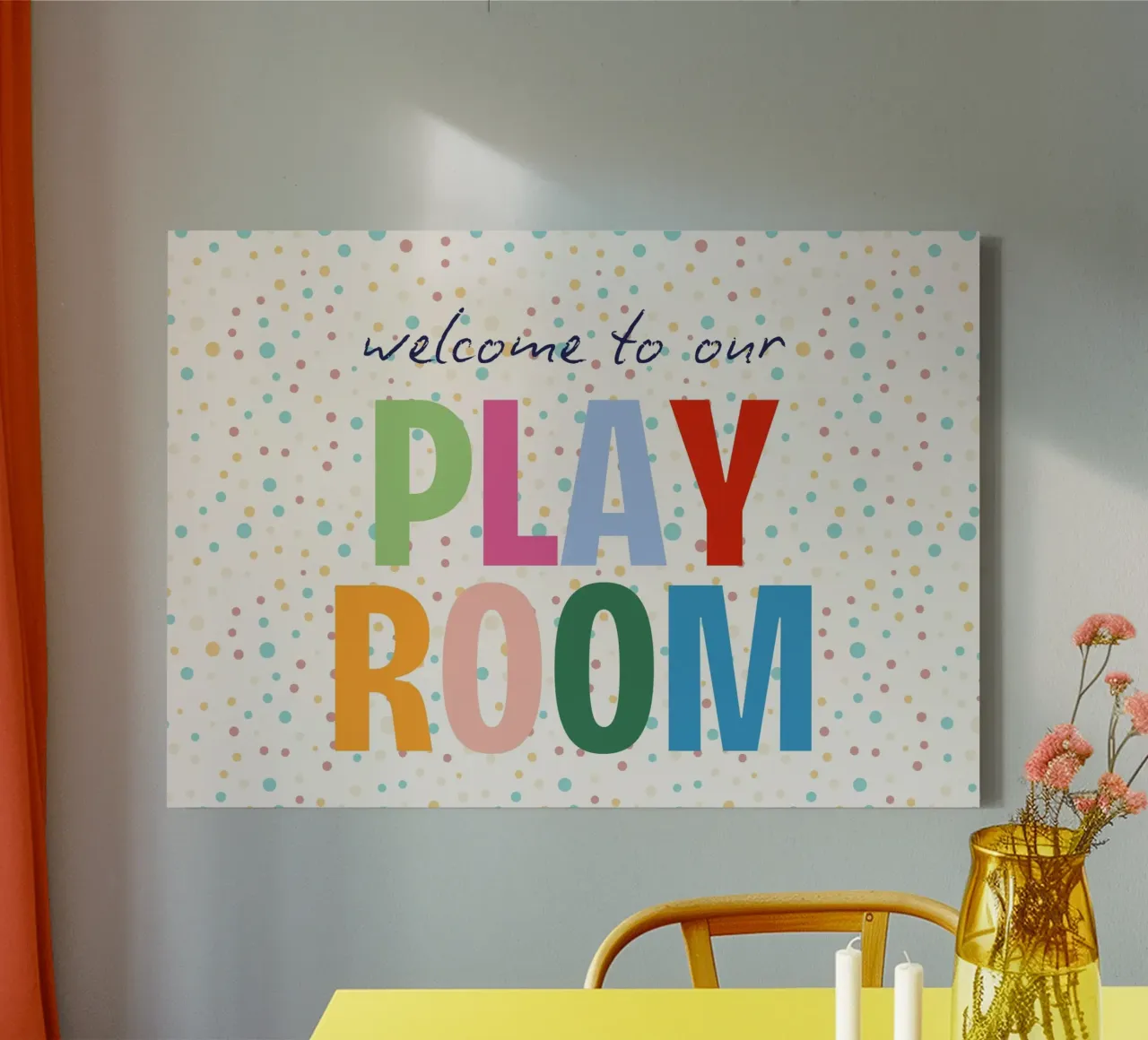 Poster "Benvenuti nella nostra stanza dei giochi" - Arte per la cameretta dei bambini tela con Cornice a cassetta da vintagepod