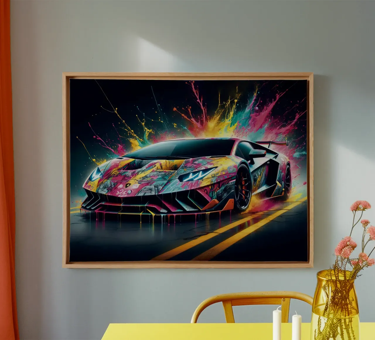 Aventador colorata con schizzi di vernice tela con Cornice a cassetta da 🥝 KIWI STORE