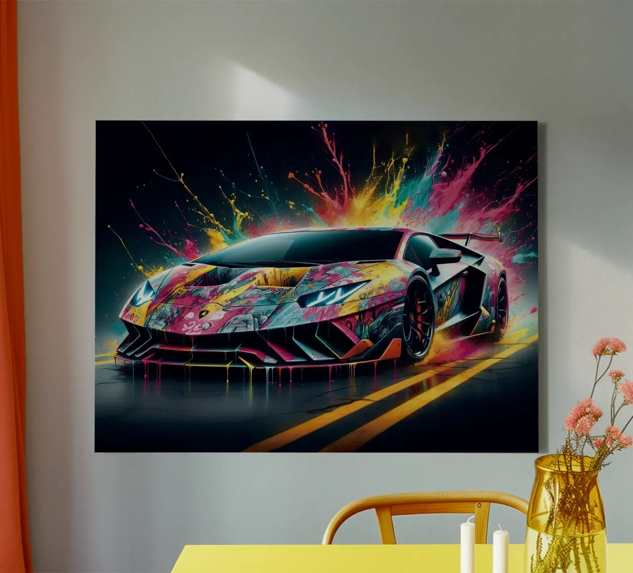 Aventador colorata con schizzi di vernice tela con Cornice a cassetta da 🥝 KIWI STORE