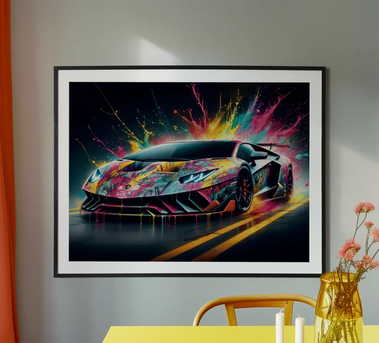 Aventador colorata con schizzi di vernice poster con telaio in plastica da 🥝 KIWI STORE