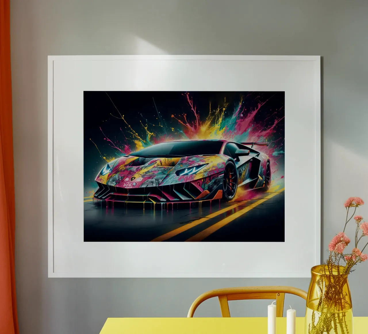 Aventador colorata con schizzi di vernice poster con telaio in plastica da 🥝 KIWI STORE
