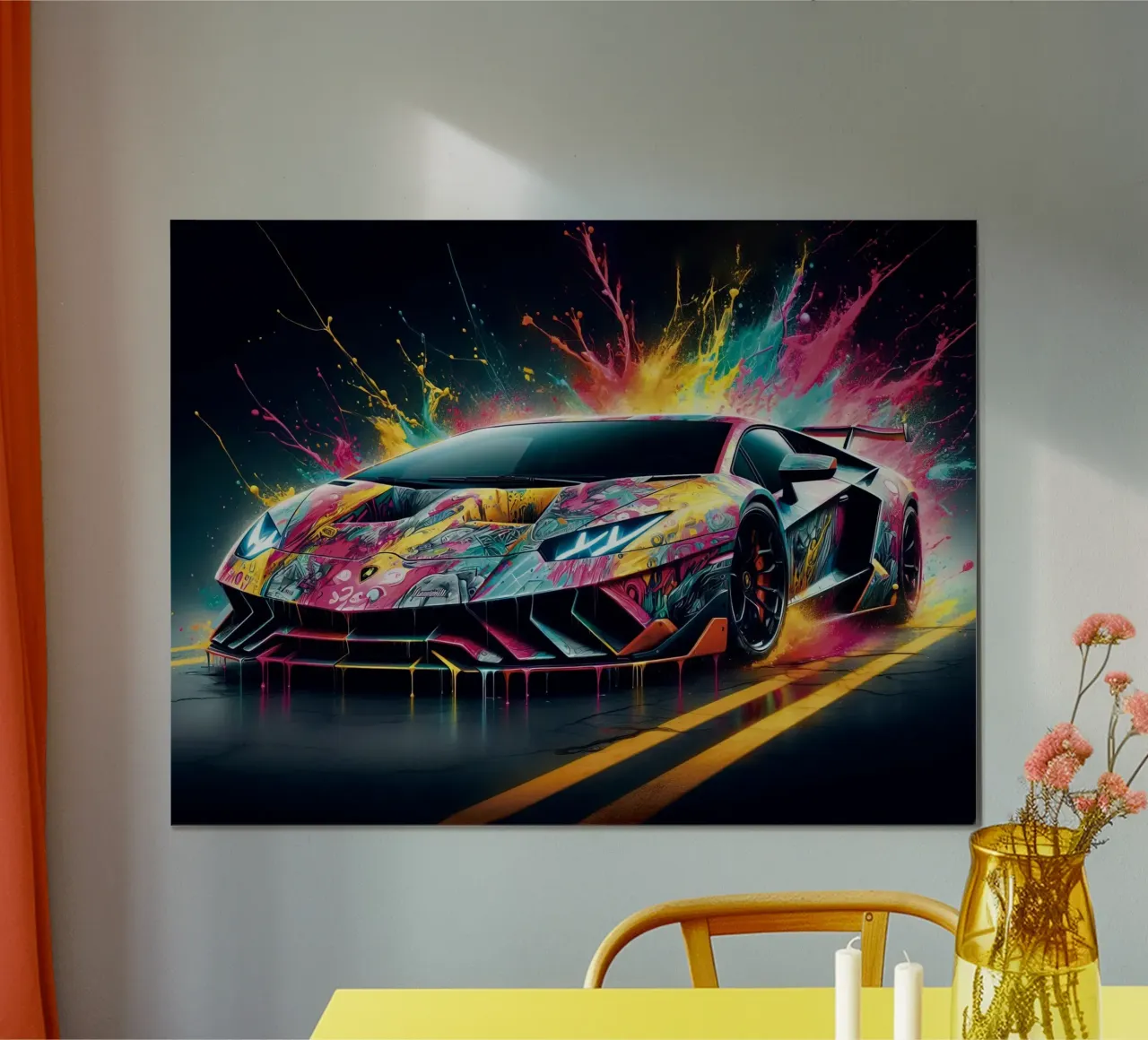 Aventador colorata con schizzi di vernice poster con telaio in plastica da 🥝 KIWI STORE