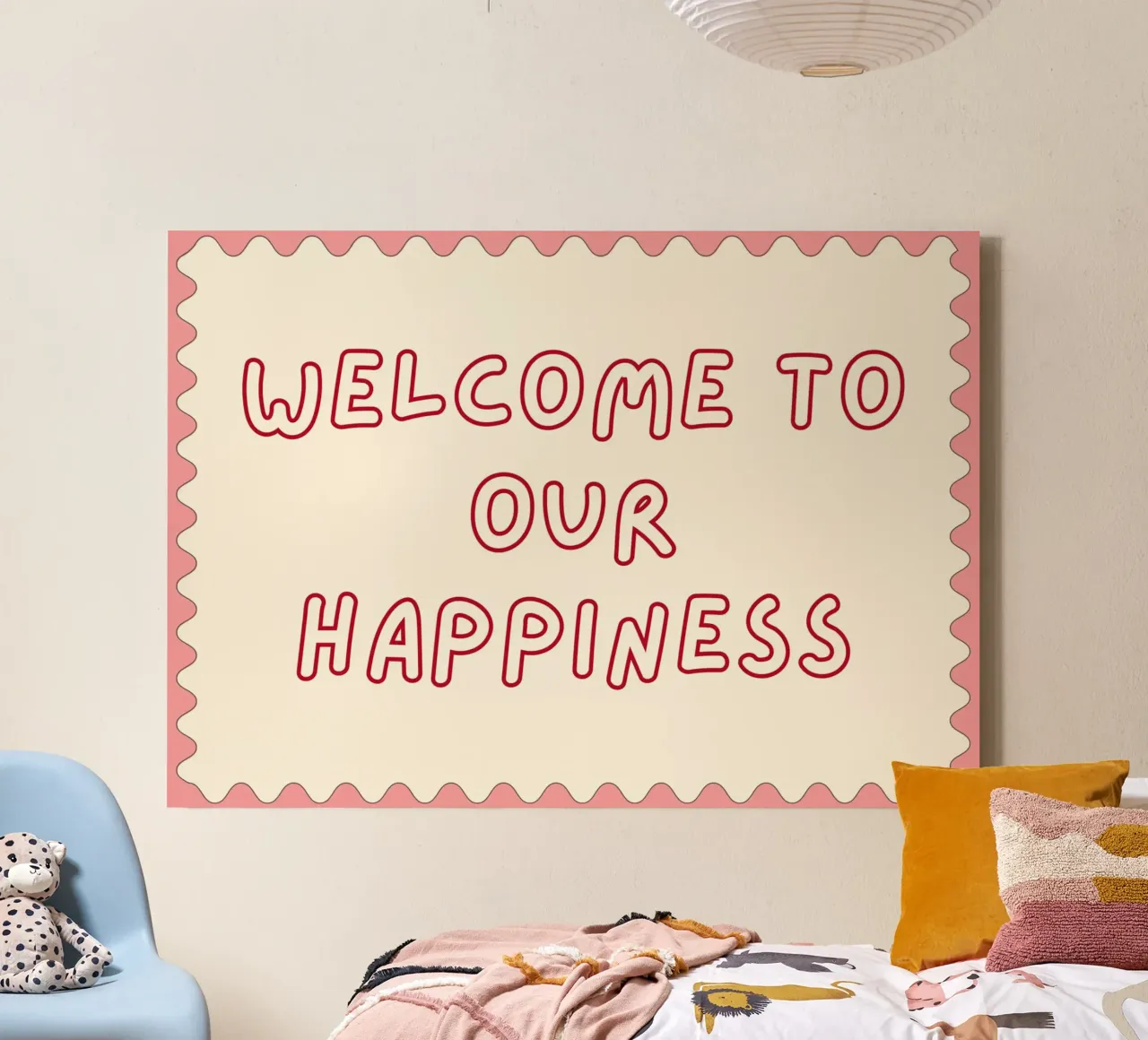 Arte da parete "Welcome to Our Happiness" - Decorazione per la camera dei bambini tela con Cornice a cassetta da vintagepod