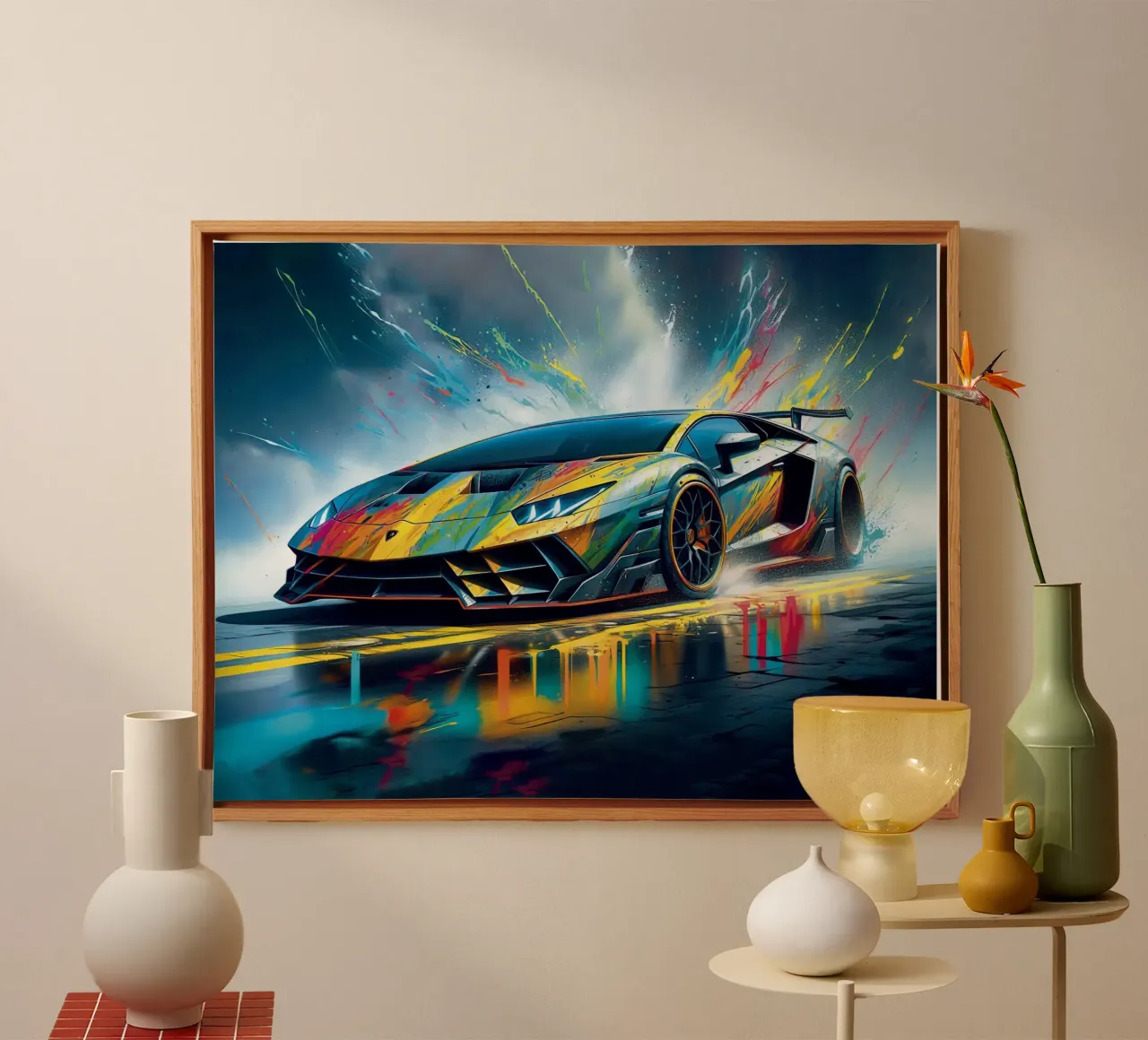 Kleurrijke Aventador op de weg canvas met Baklijst van 🥝 KIWI STORE
