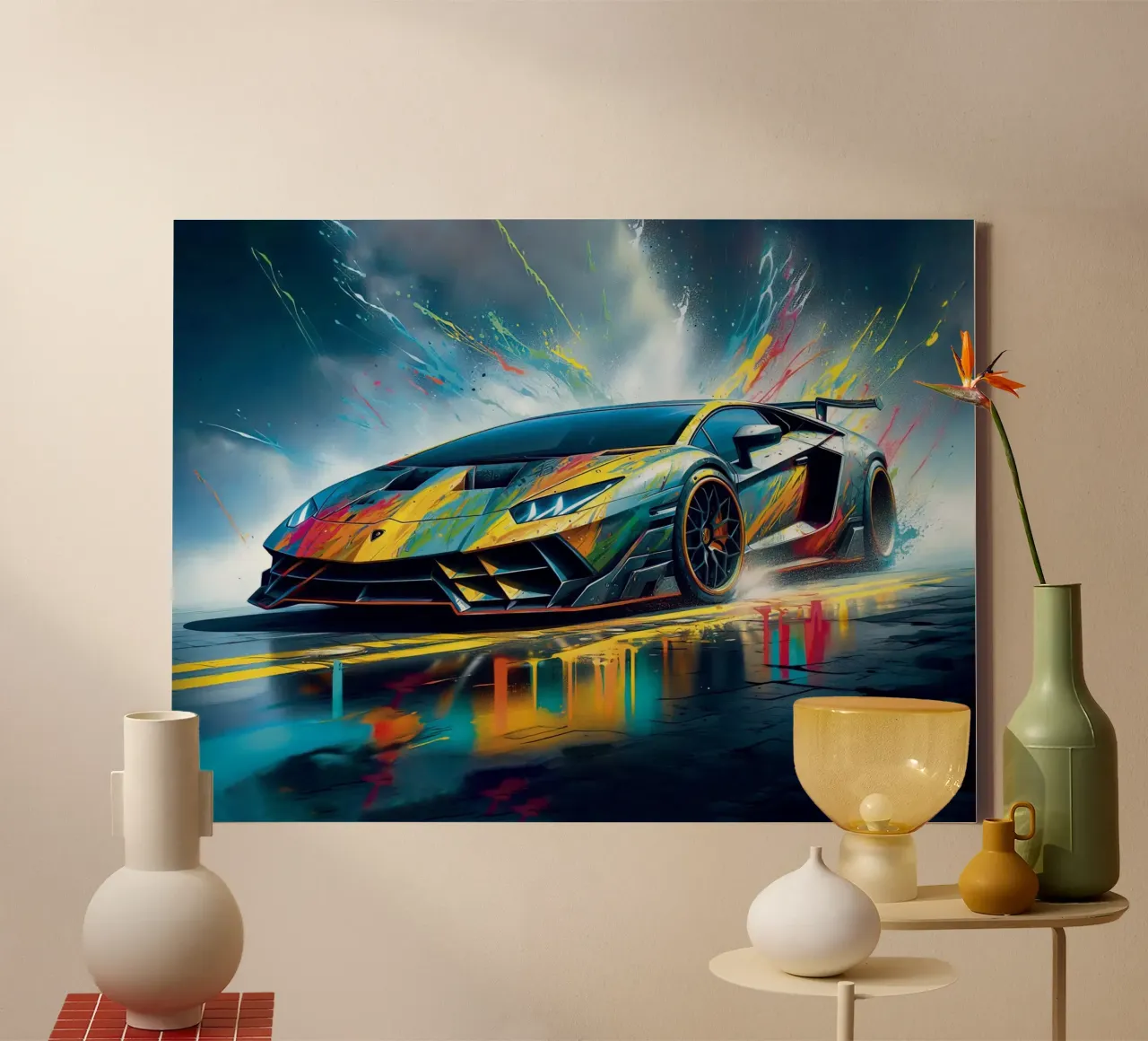Kleurrijke Aventador op de weg canvas met Baklijst van 🥝 KIWI STORE
