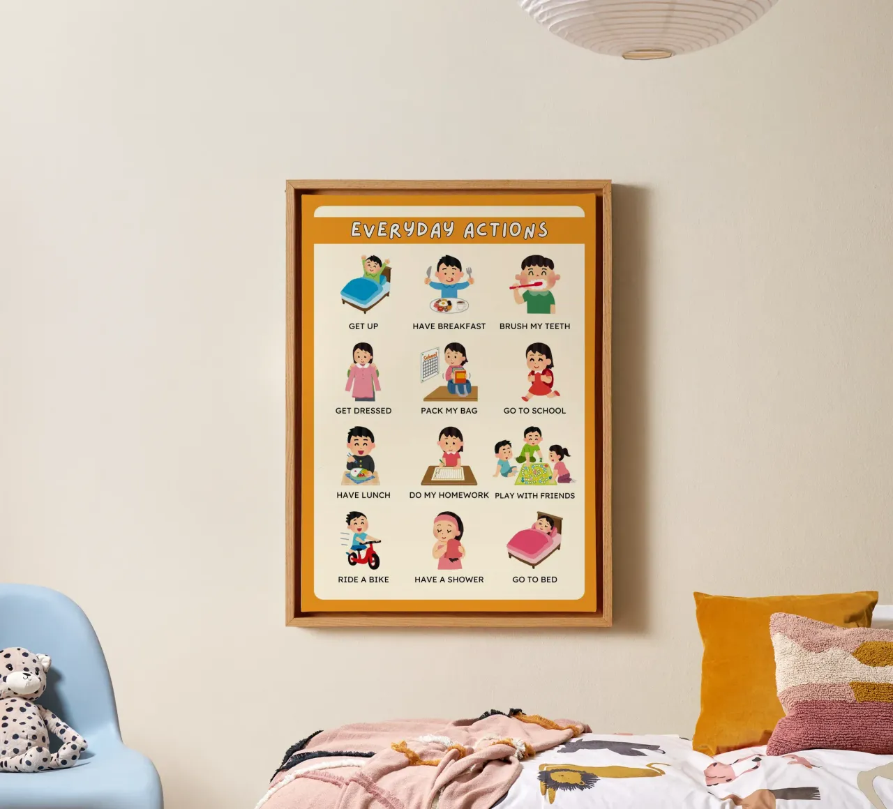 Poster delle azioni quotidiane - Arte della routine quotidiana dei bambini tela con Cornice a cassetta da vintagepod
