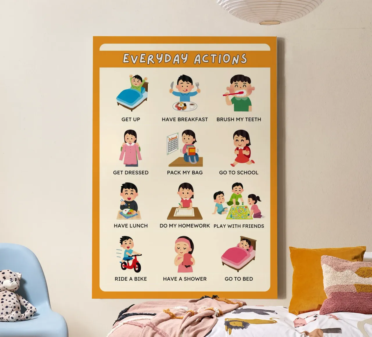Poster delle azioni quotidiane - Arte della routine quotidiana dei bambini tela con Cornice a cassetta da vintagepod