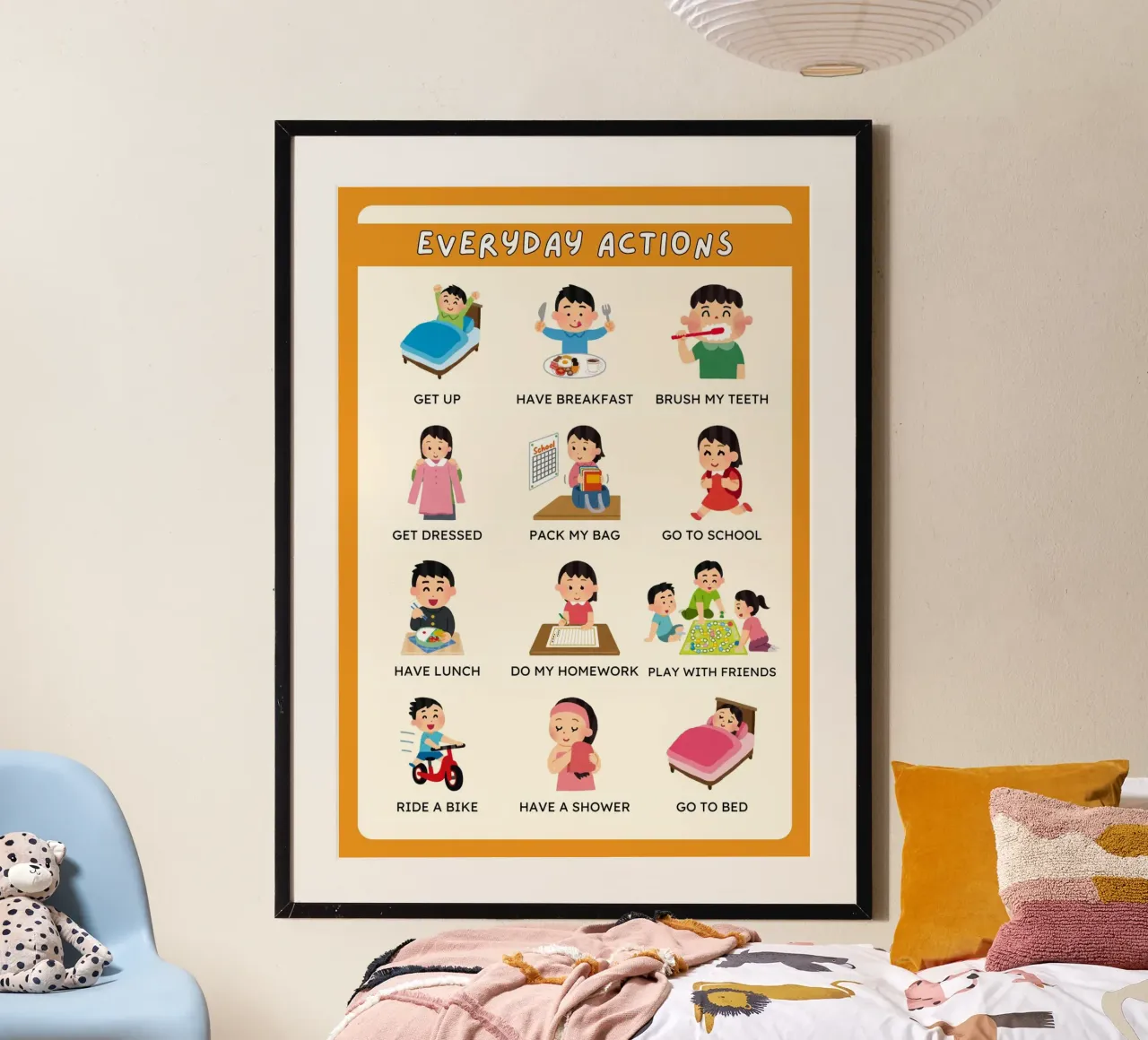 Poster delle azioni quotidiane - Arte della routine quotidiana dei bambini poster con telaio in plastica da vintagepod
