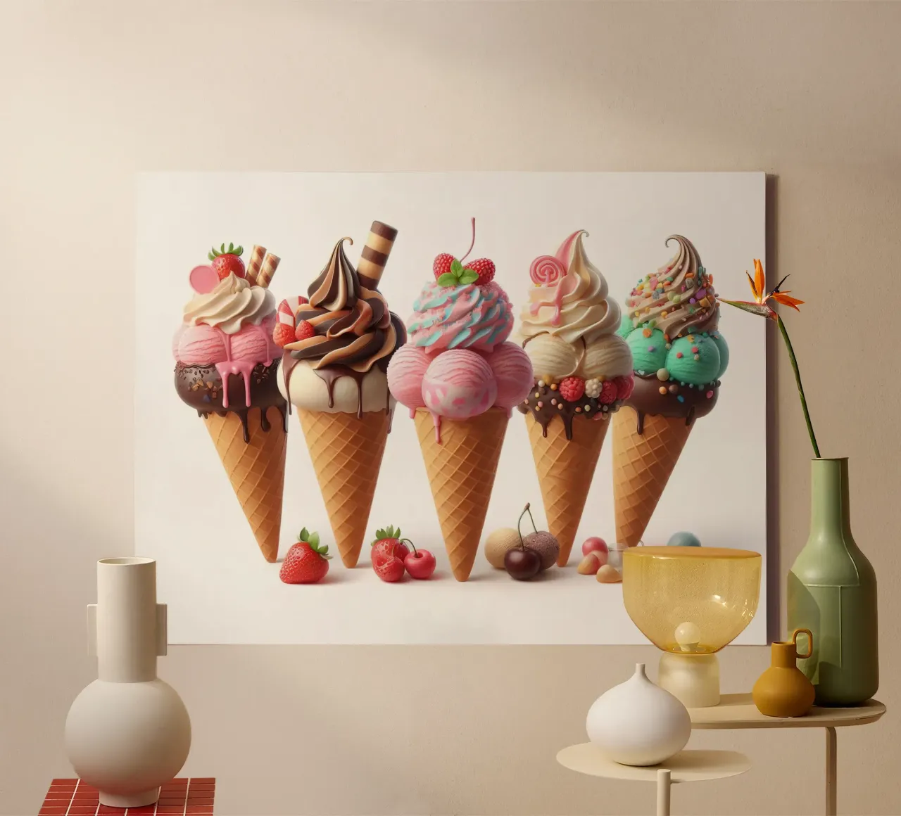Kleurrijke ijshoorntjes op wit canvas met Baklijst van 🥩 The tasty wall