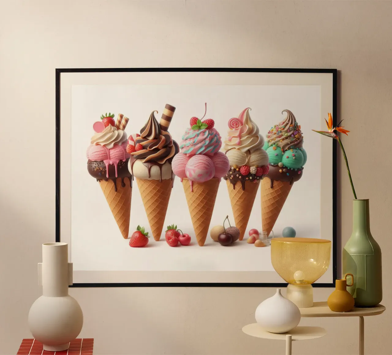 Coni gelato colorati su bianco poster con telaio in legno da 🥩 The tasty wall