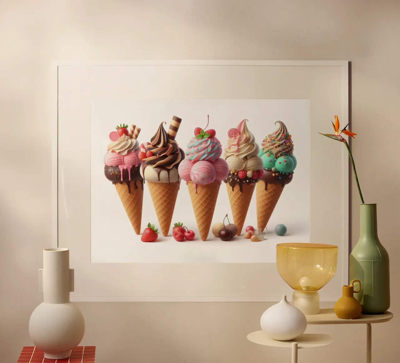Coni gelato colorati su bianco poster con telaio in legno da 🥩 The tasty wall