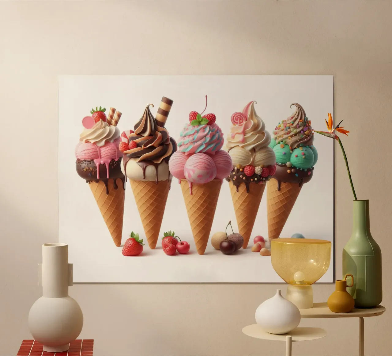 Coni gelato colorati su bianco poster con telaio in legno da 🥩 The tasty wall