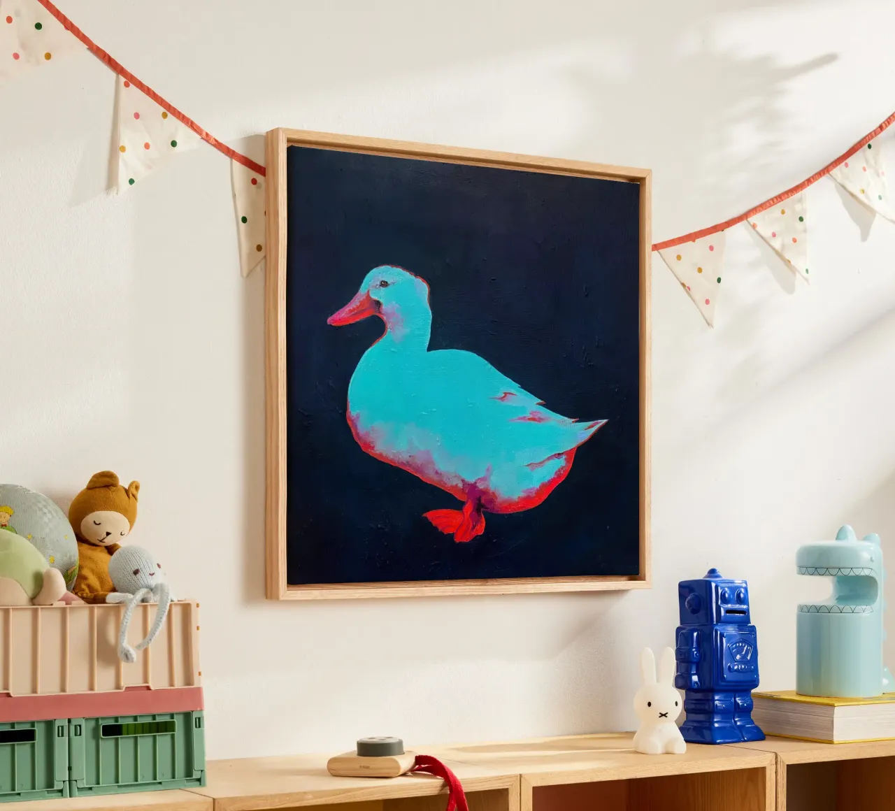 Eend neon aquablauw canvas met Baklijst van hanna shop