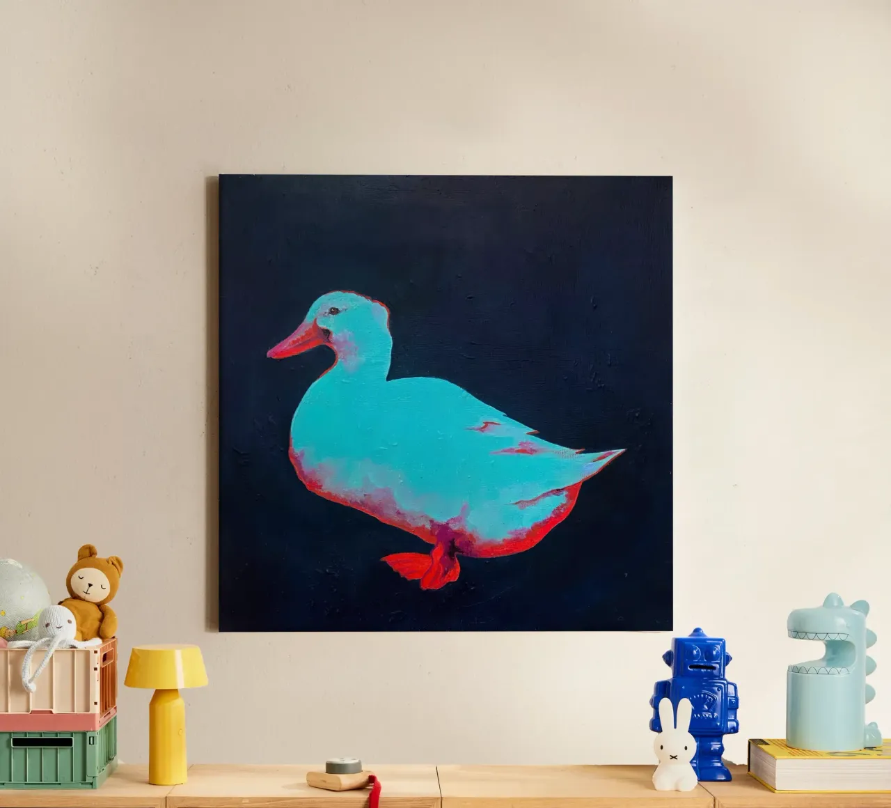Eend neon aquablauw canvas met Baklijst van hanna shop