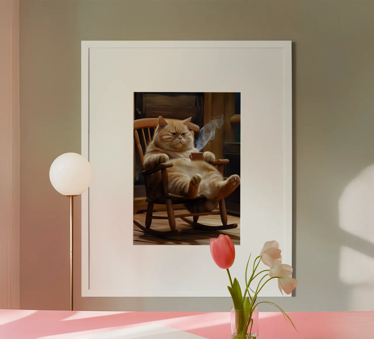 Gatto sulla sedia a dondolo poster con telaio in alluminio da Arjun