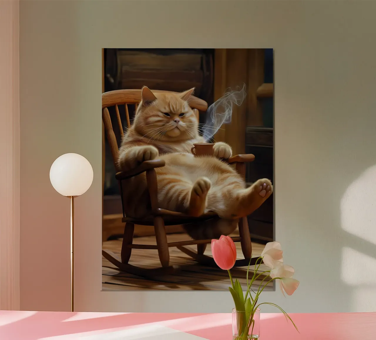Gatto sulla sedia a dondolo poster con telaio in alluminio da Arjun