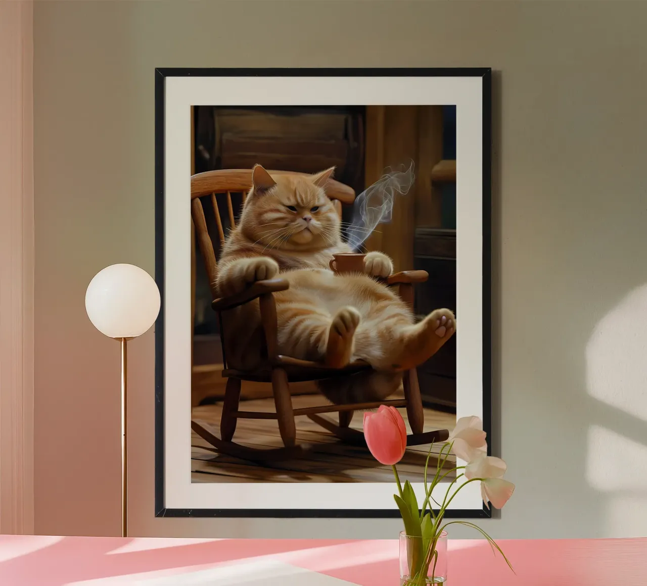 Gatto sulla sedia a dondolo poster con telaio in alluminio da Arjun