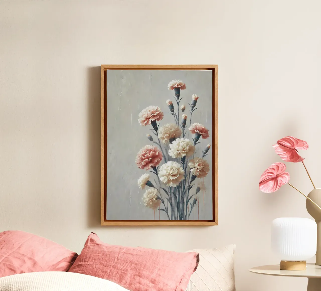 Blush & Cream Anjers - Elegante Bloemsierkunst canvas met Baklijst van VintageBotanics