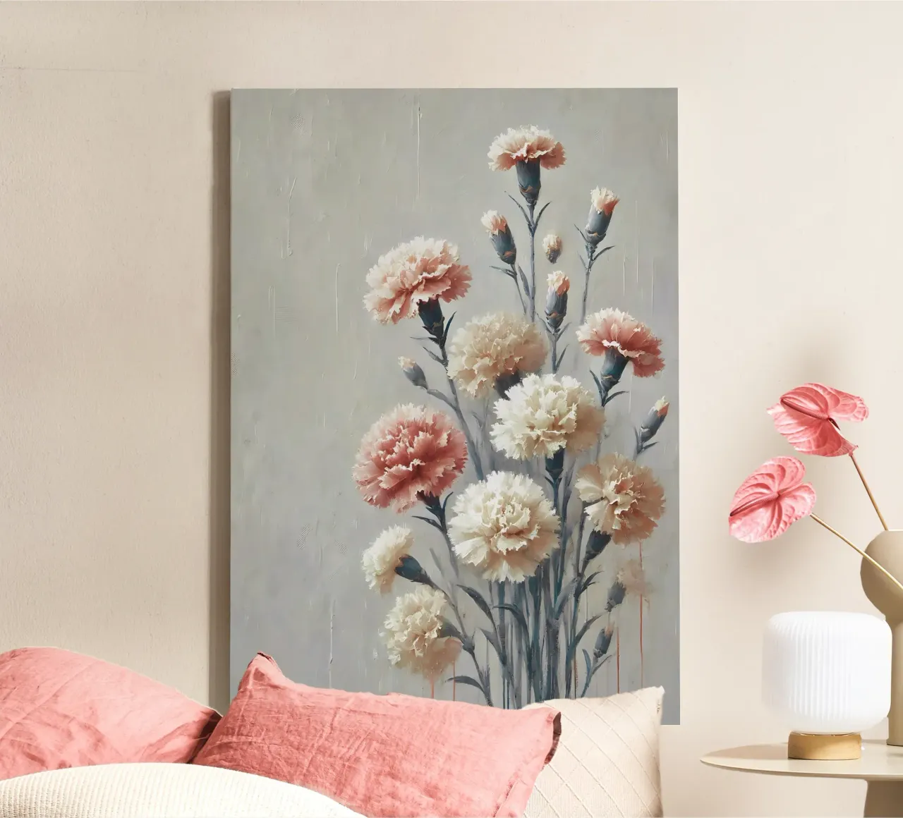 Blush & Cream Anjers - Elegante Bloemsierkunst canvas met Baklijst van VintageBotanics