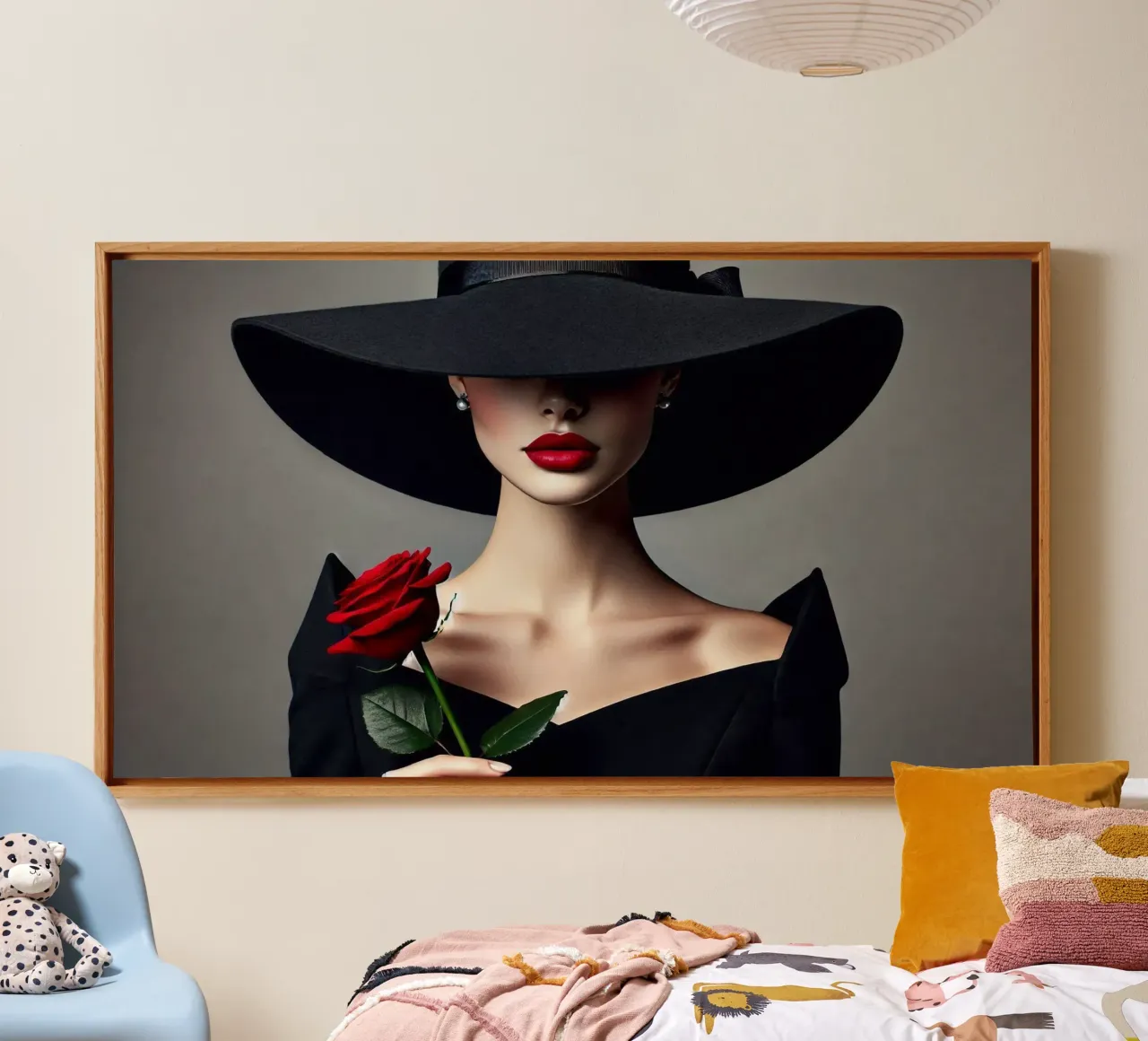 Donna con cappello e rosa rossa tela con Cornice a cassetta da BenCoStyle