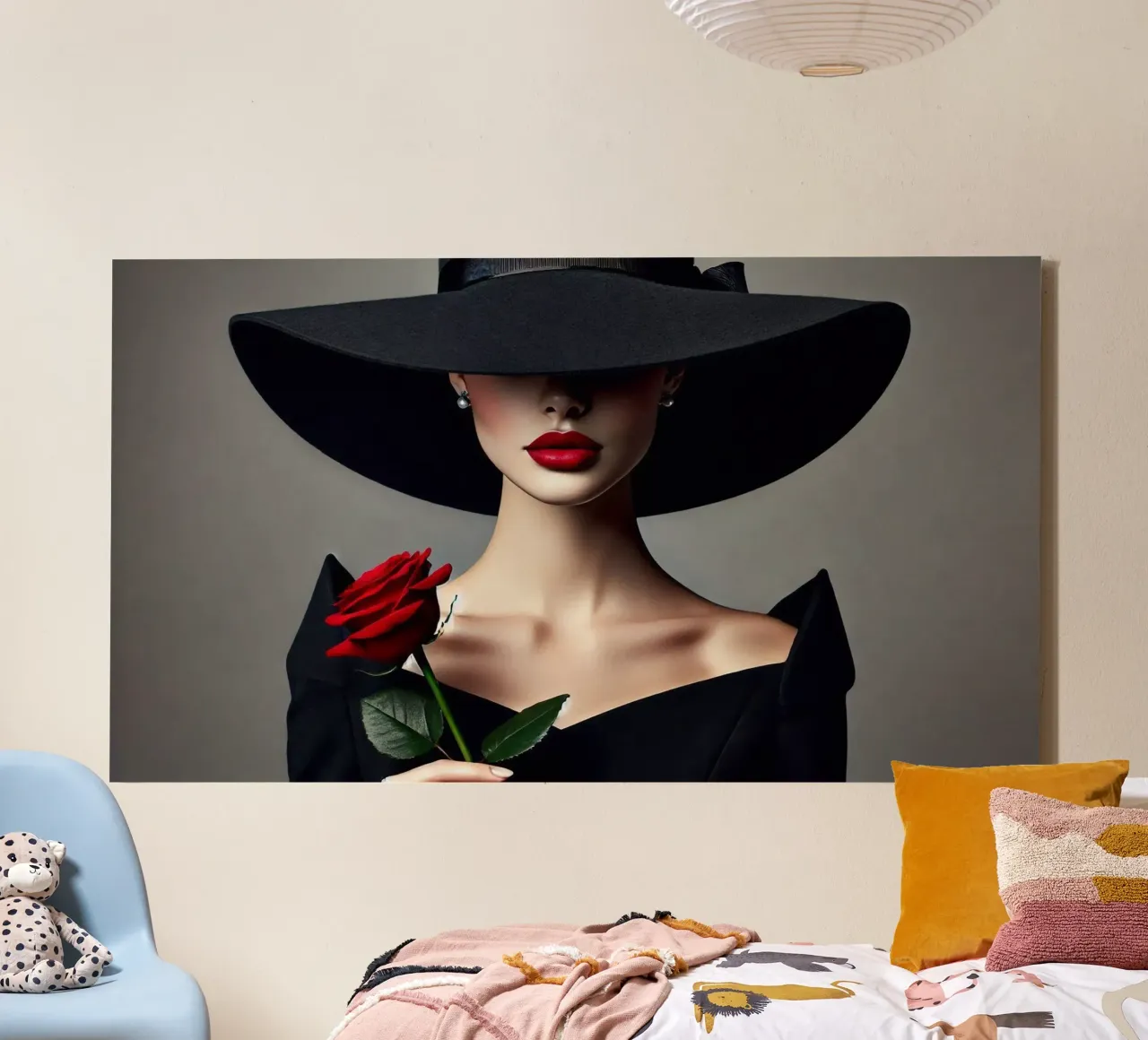 Donna con cappello e rosa rossa tela con Cornice a cassetta da BenCoStyle
