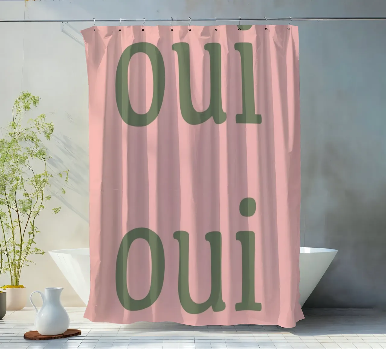 Oui Oui French typographie design shower curtain by Proper job studio