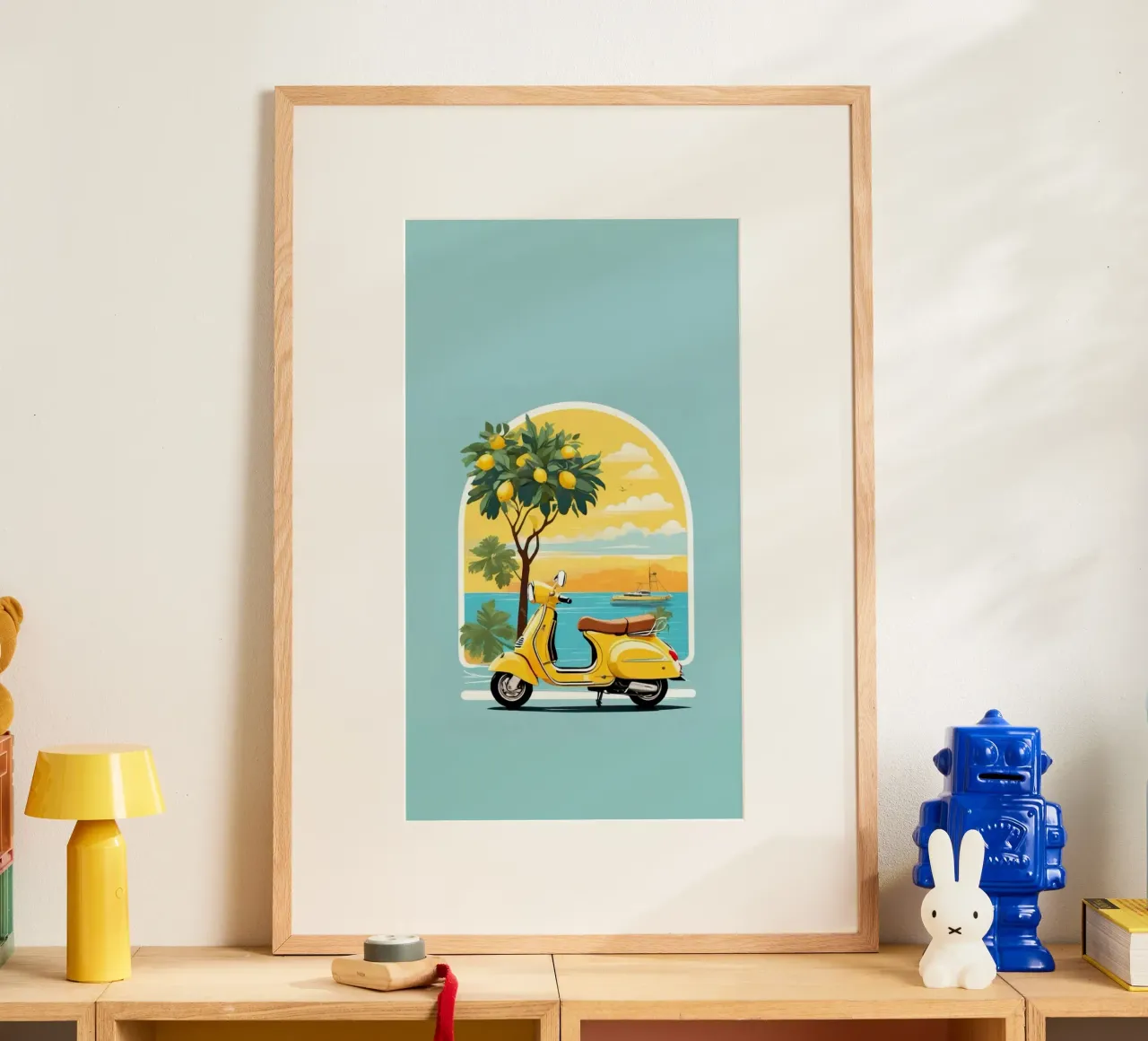yellow bike in window poster con telaio in alluminio da panada