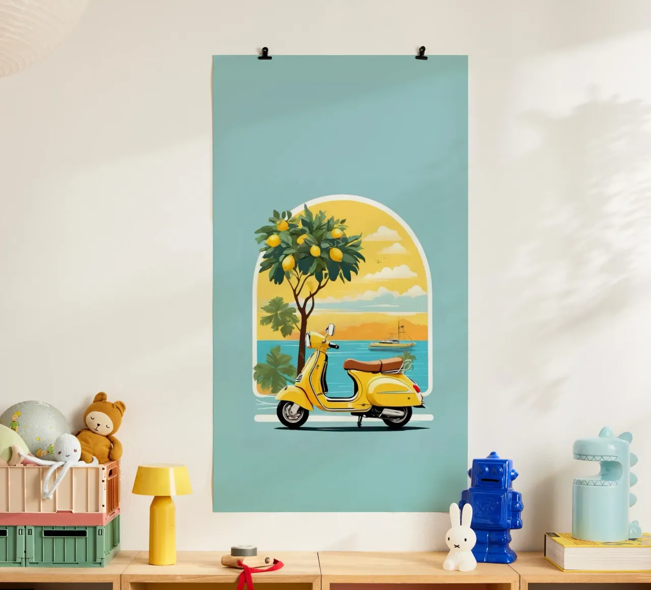 yellow bike in window poster con telaio in alluminio da panada